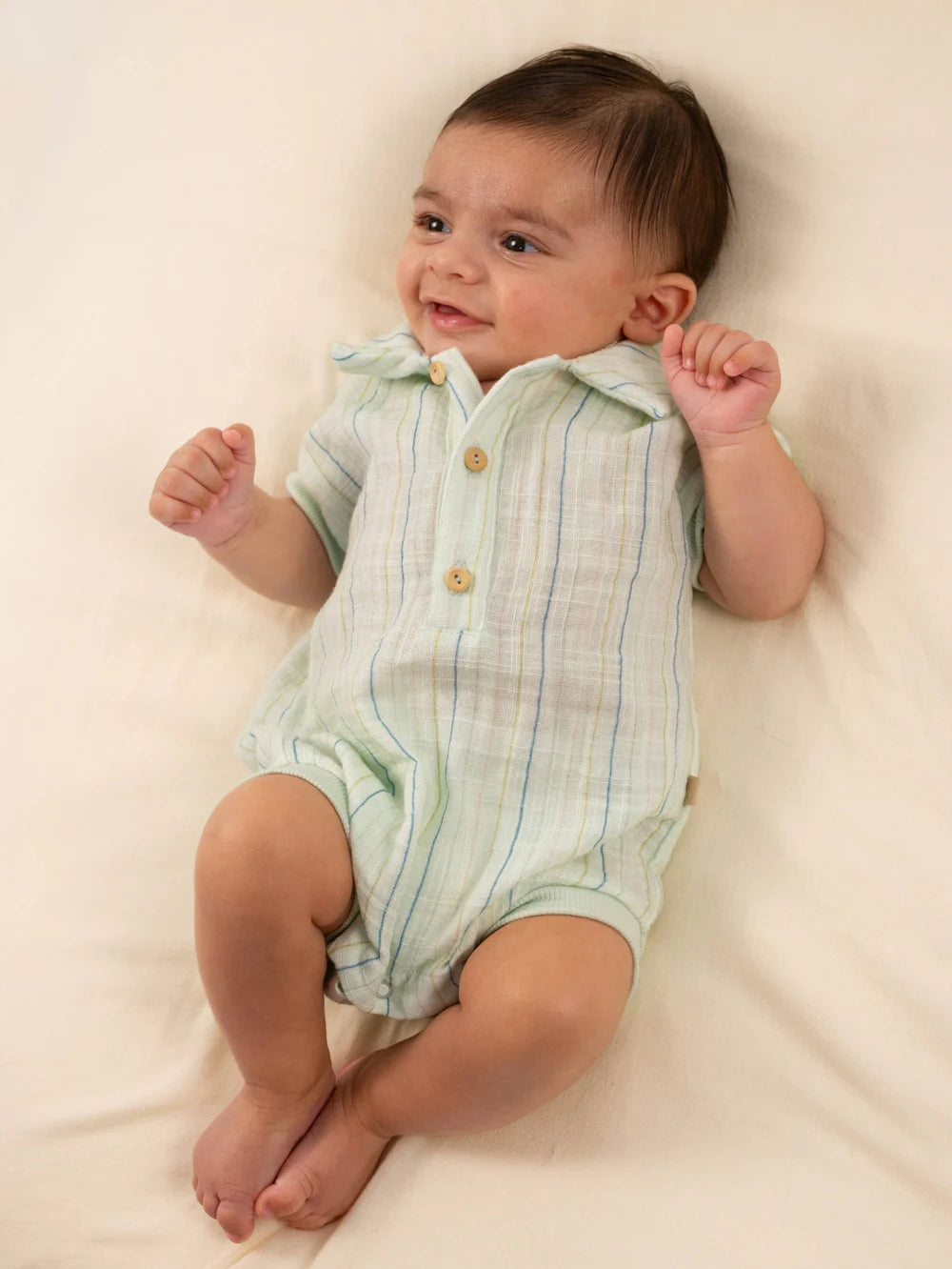 Polo Romper  STRIPE ACQUA green- on baby