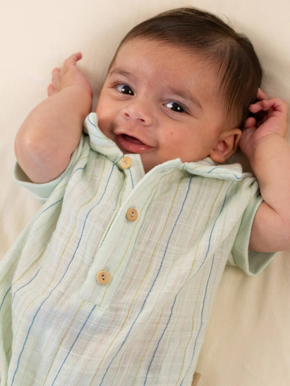 Polo Romper  STRIPE ACQUA green- on baby close up