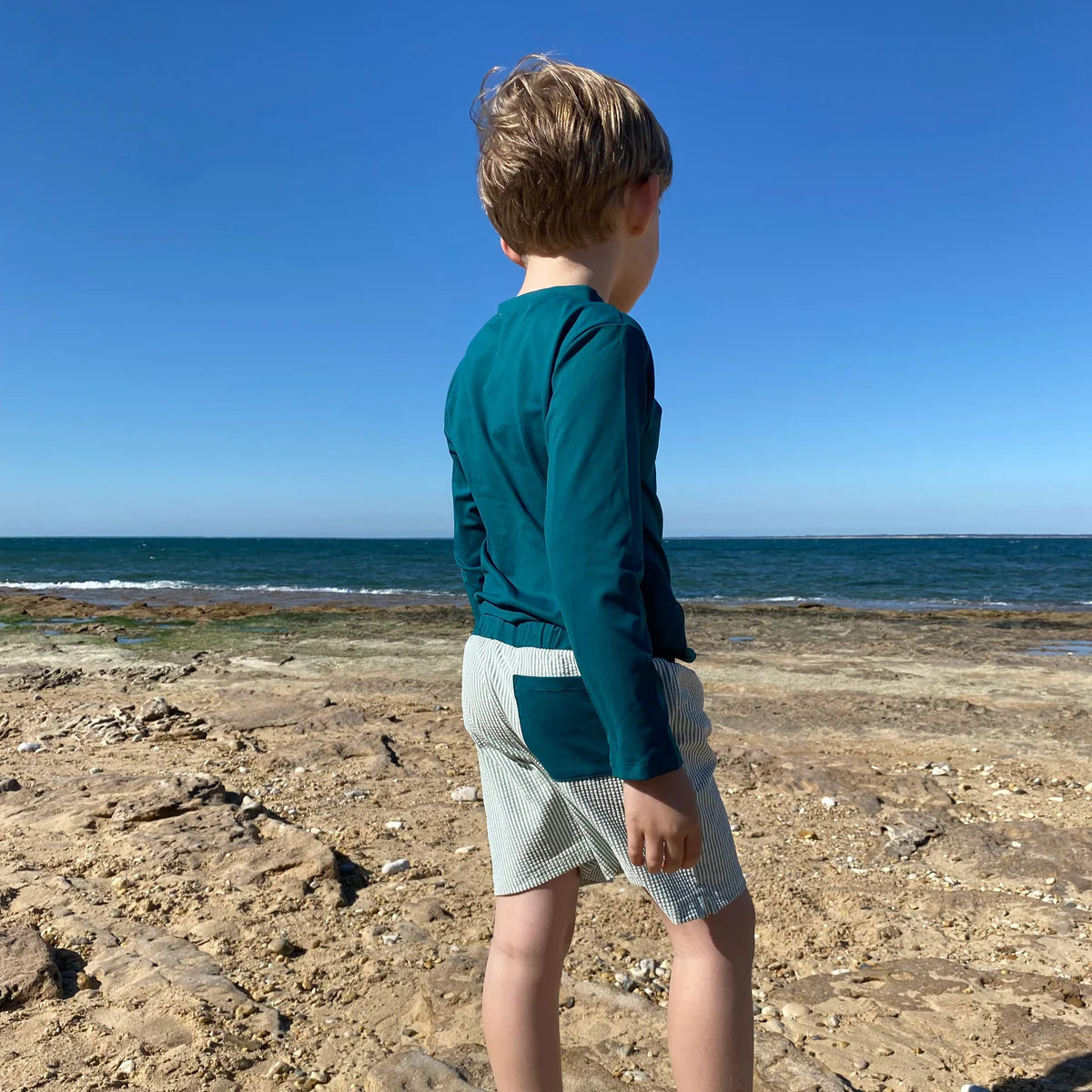 Green Stripe Swimsuit- on boy back