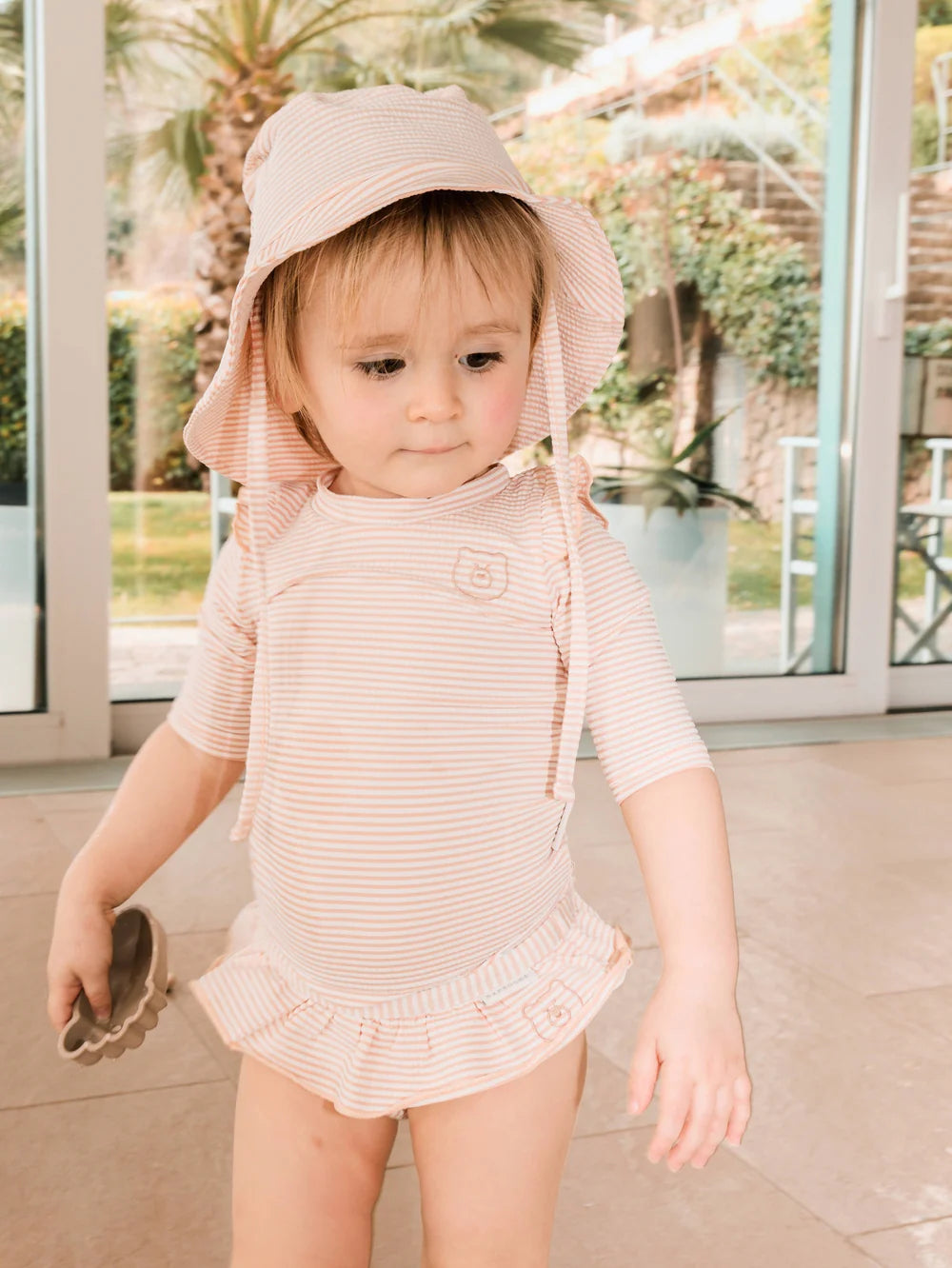 Pink Stripe Bear UV50 Hat- on girl