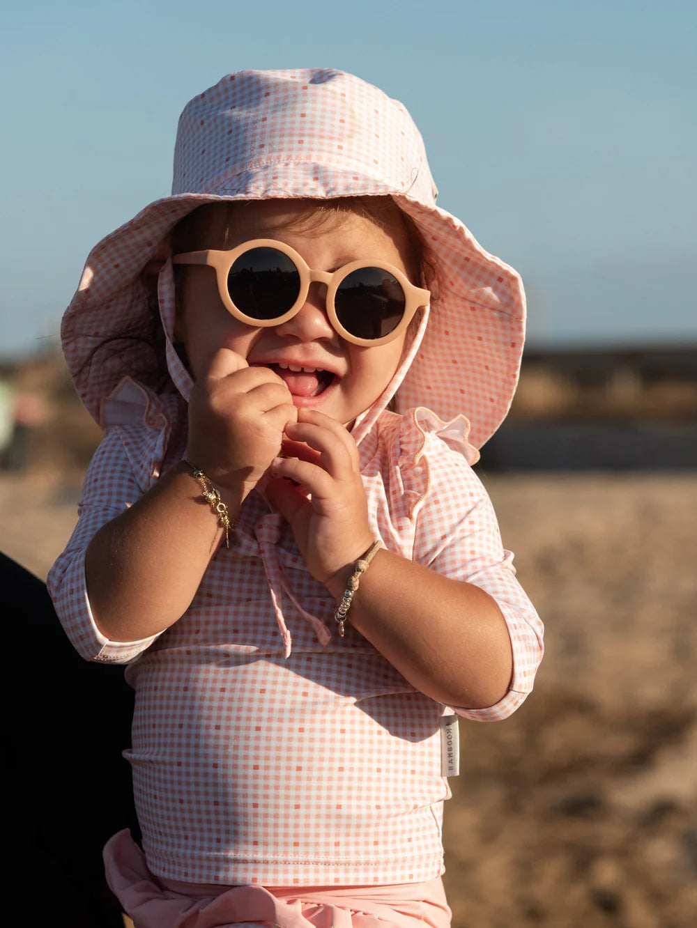 Pink Stripe Bear UV50 Hat- on girl 2
