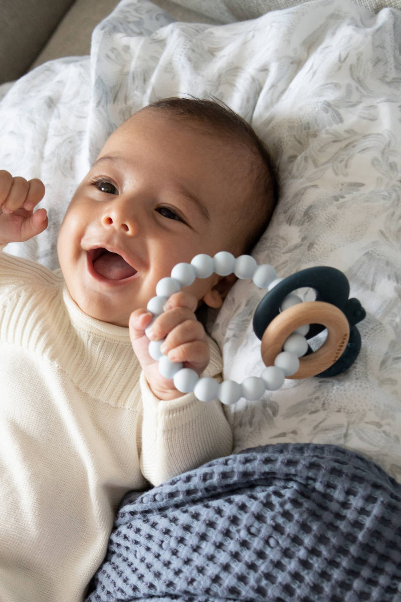 Wood Silicone Key Teething Ring Blue- baby playing