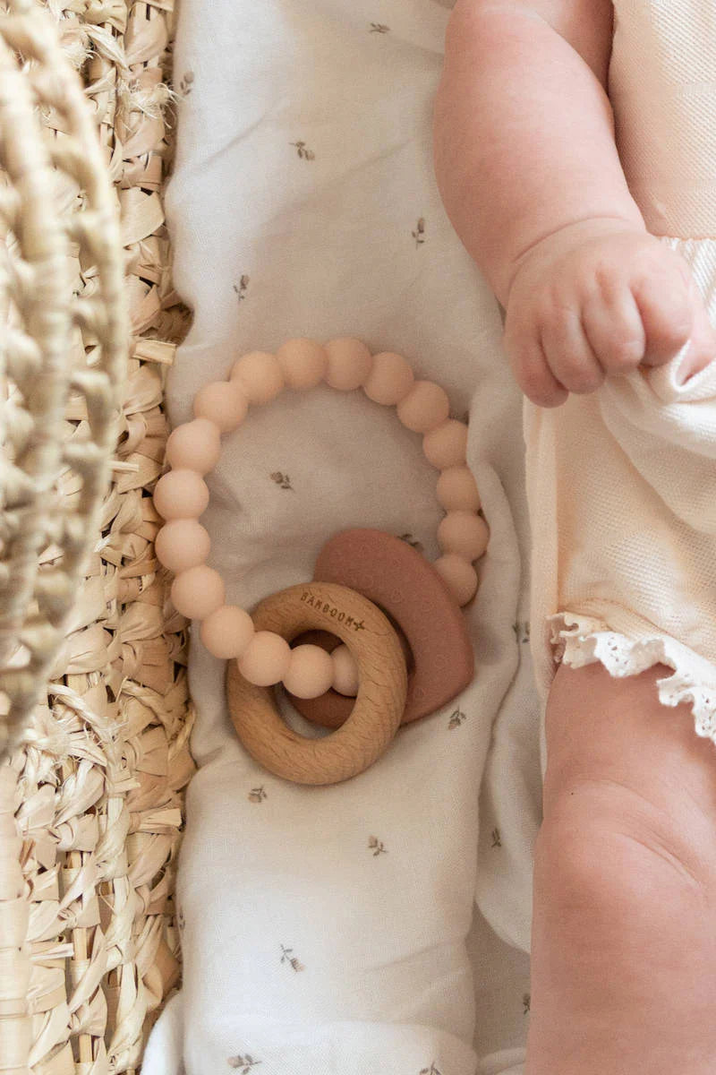 Wood Silicone Key Teething Ring Rosa- in bed