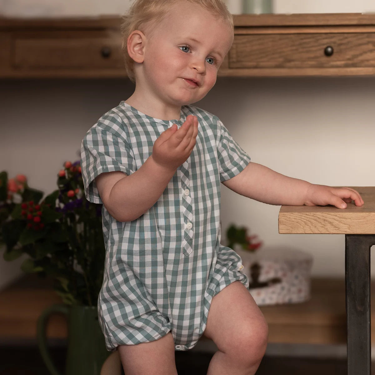 Calao Blue Gingham Romper- on boy