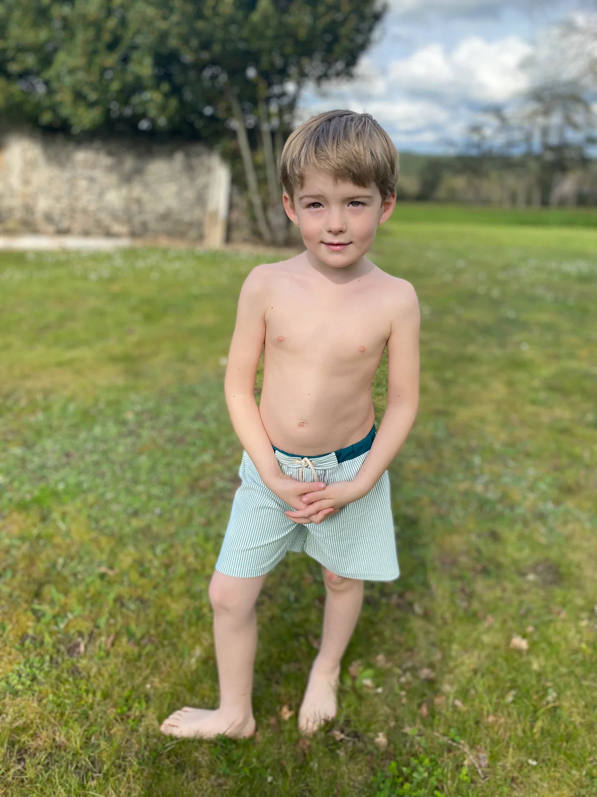 Green Stripe Swimsuit- on boy front